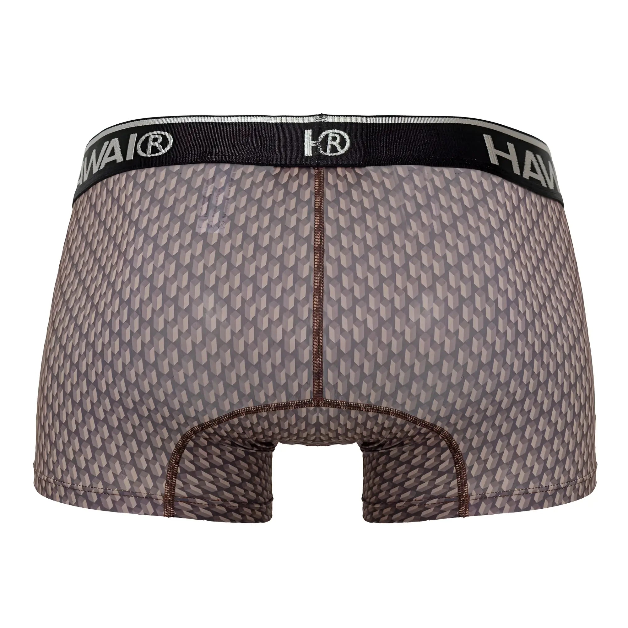 Gray patterned men’s boxer briefs with black hawai waistband in cocoa color printed trunks for comfortable wear