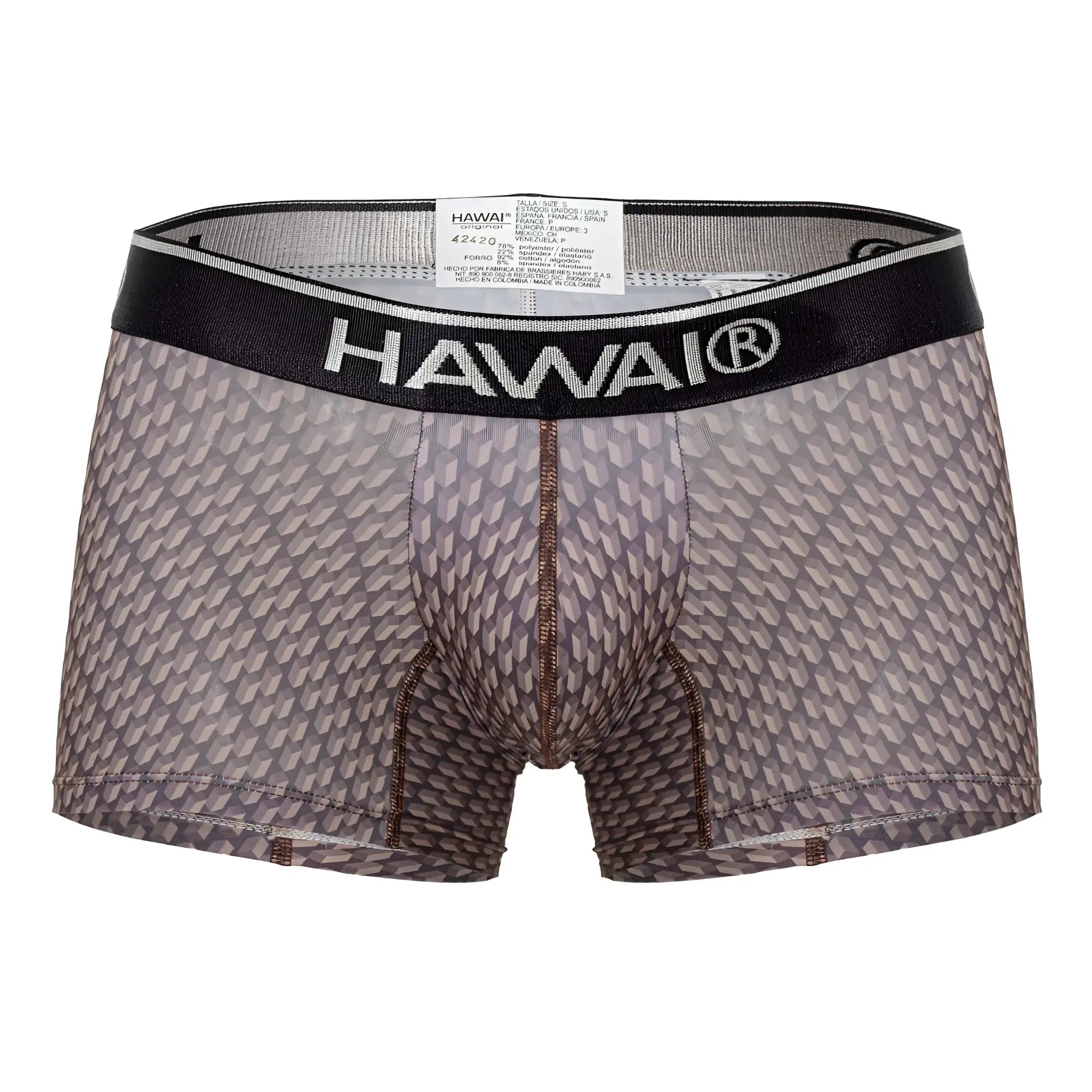 Gray patterned men’s boxer briefs with black hawai branded waistband in cocoa color printed trunks design