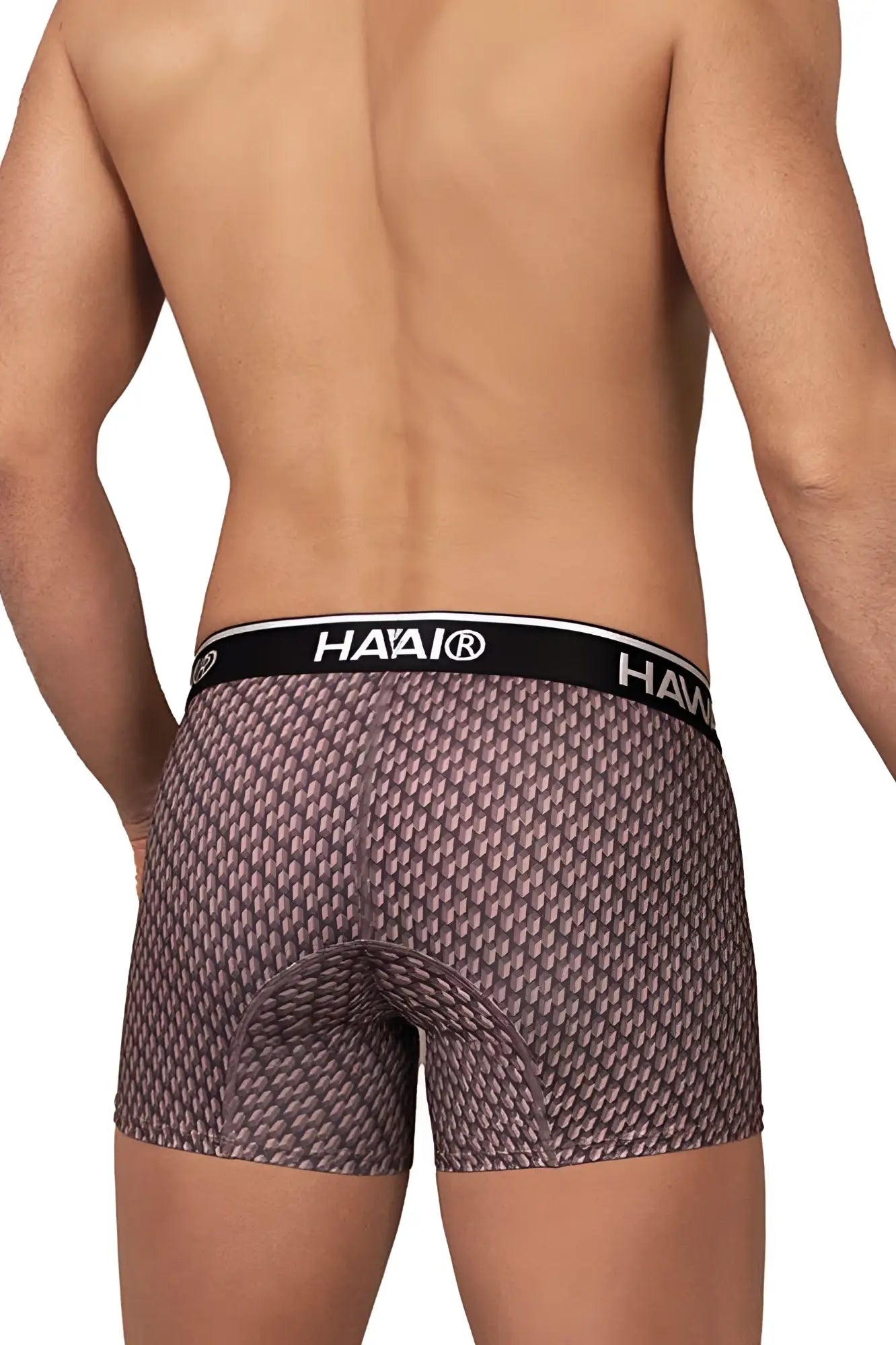 Hawai 42420 printed trunks in cocoa color feature men’s boxer briefs with textured muted purple and gray scale pattern