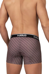 Hawai 42420 printed trunks in cocoa color feature men’s boxer briefs with textured muted purple and gray scale pattern