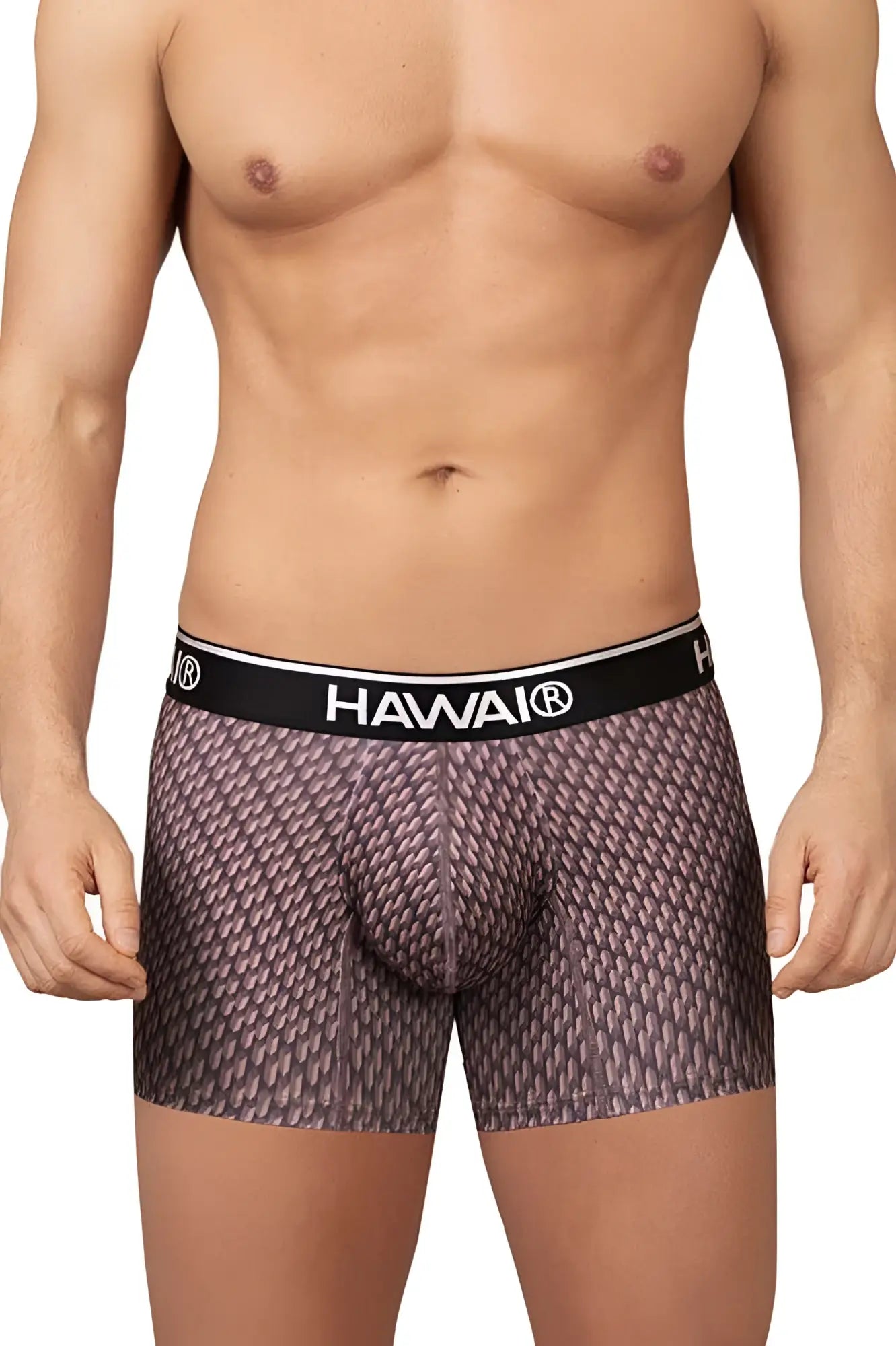 Hawai 42420 printed trunks men’s boxer briefs in cocoa with a textured muted purple and gray scale-like pattern