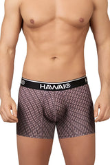 Hawai 42420 printed trunks men’s boxer briefs in cocoa with a textured muted purple and gray scale-like pattern