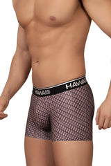 Hawai 42420 printed trunks in cocoa color with Hawaiian pattern boxer briefs and black waistband with Hawaii logo