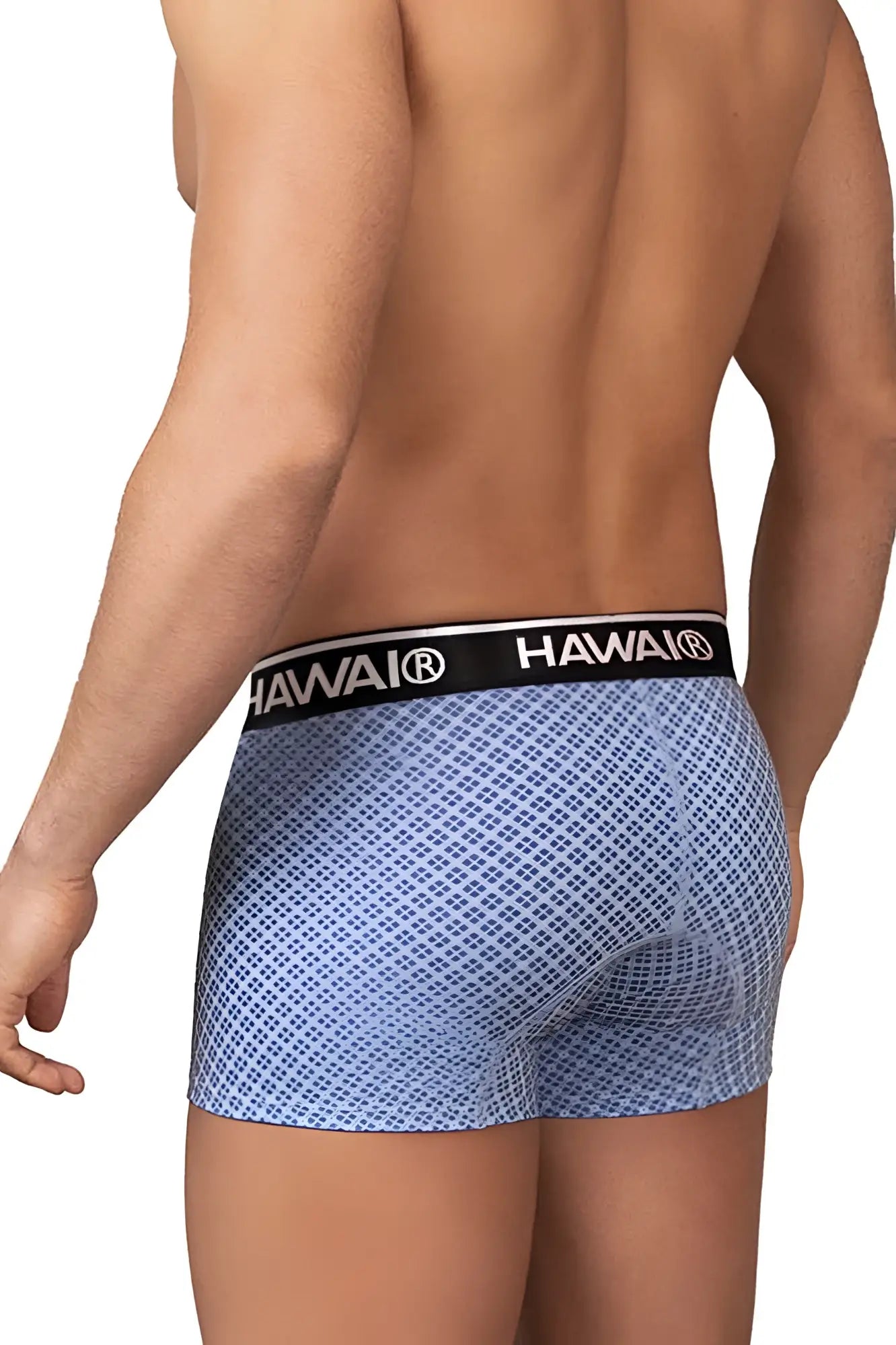 Light blue Hawai 42421 printed trunks boxer briefs with subtle geometric pattern and black waistband with brand name