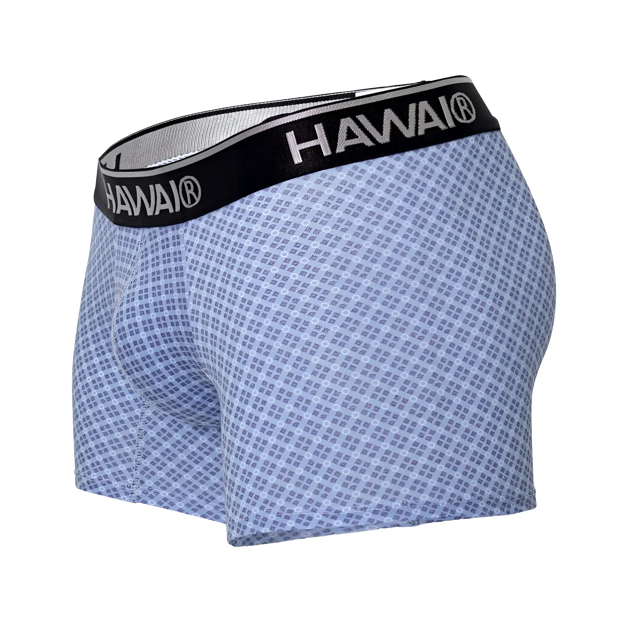 Light blue hawaï 42421 printed trunks with a subtle geometric pattern and black waistband with white branding