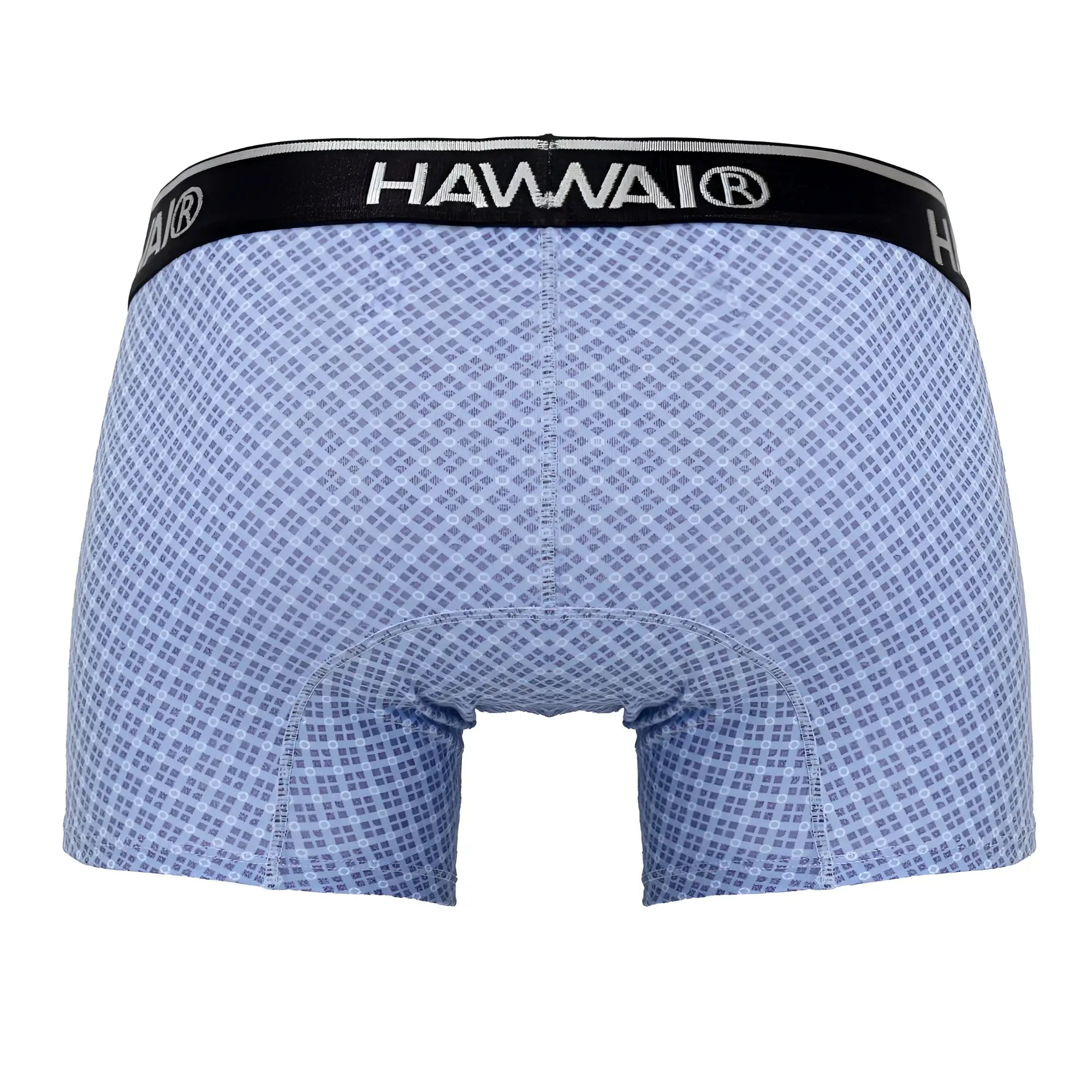 Light blue hawaiian-patterned boxer briefs with a black hawaii logo waistband from HAWAI 42421 printed trunks