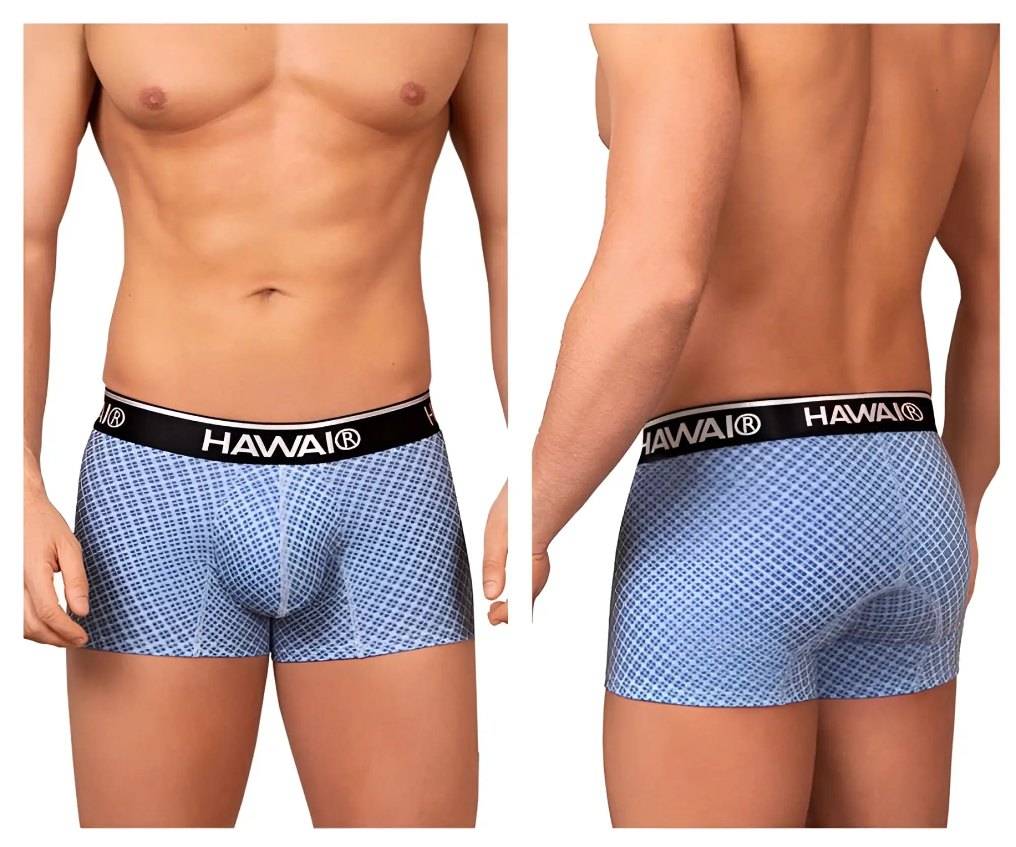 Light blue patterned Hawai 42421 printed trunks with black waistband featuring white Hawai branding