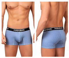 Light blue patterned Hawai 42421 printed trunks with black waistband featuring white Hawai branding