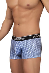 Blue and white checkered hawaii printed men’s boxer briefs with black waistband in color blue model 42421