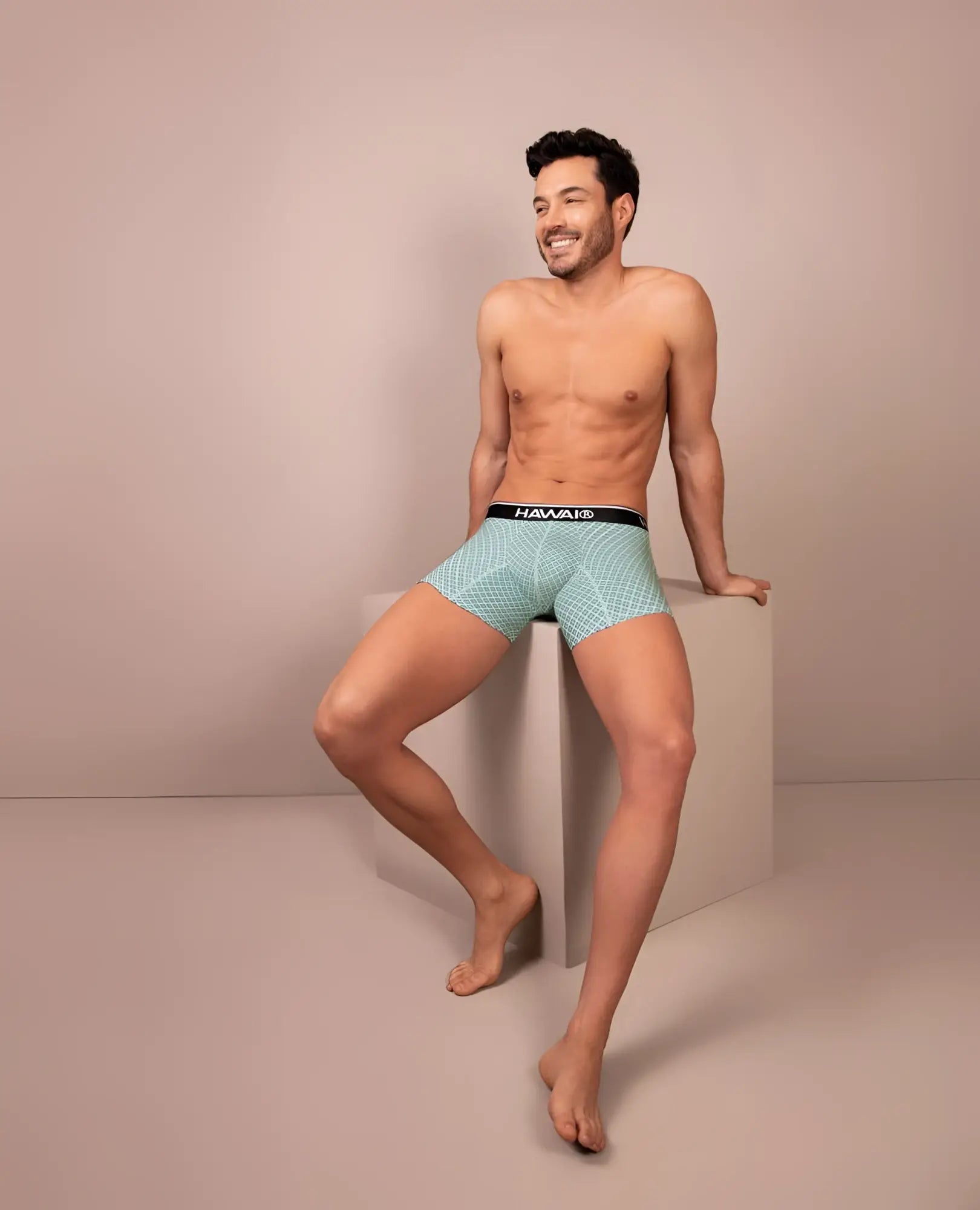 Light blue patterned boxer briefs with black hawaiian waistband in hawai 42421 printed trunks green color