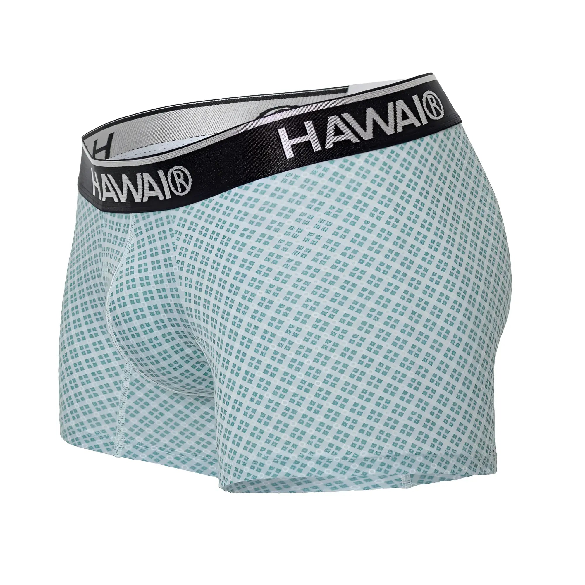Light green and white checkered men’s boxer briefs with black waistband featuring Hawai brand name in white lettering