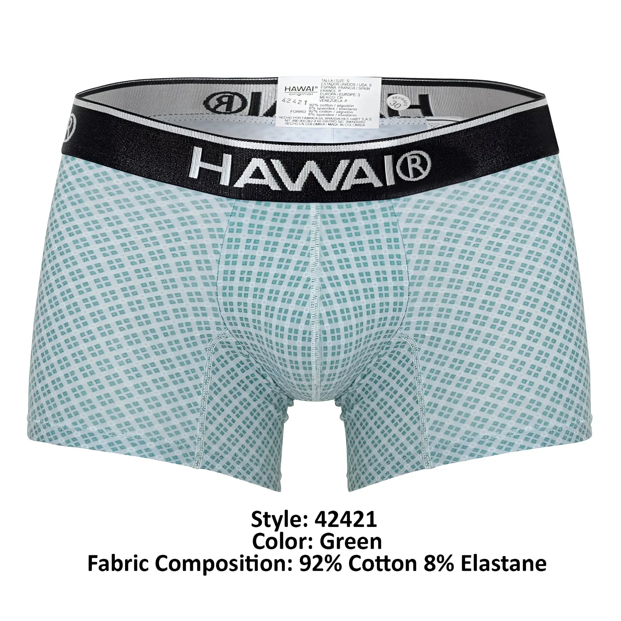 Green patterned boxer briefs with black waistband featuring hawai brand name in white lettering for comfortable wear