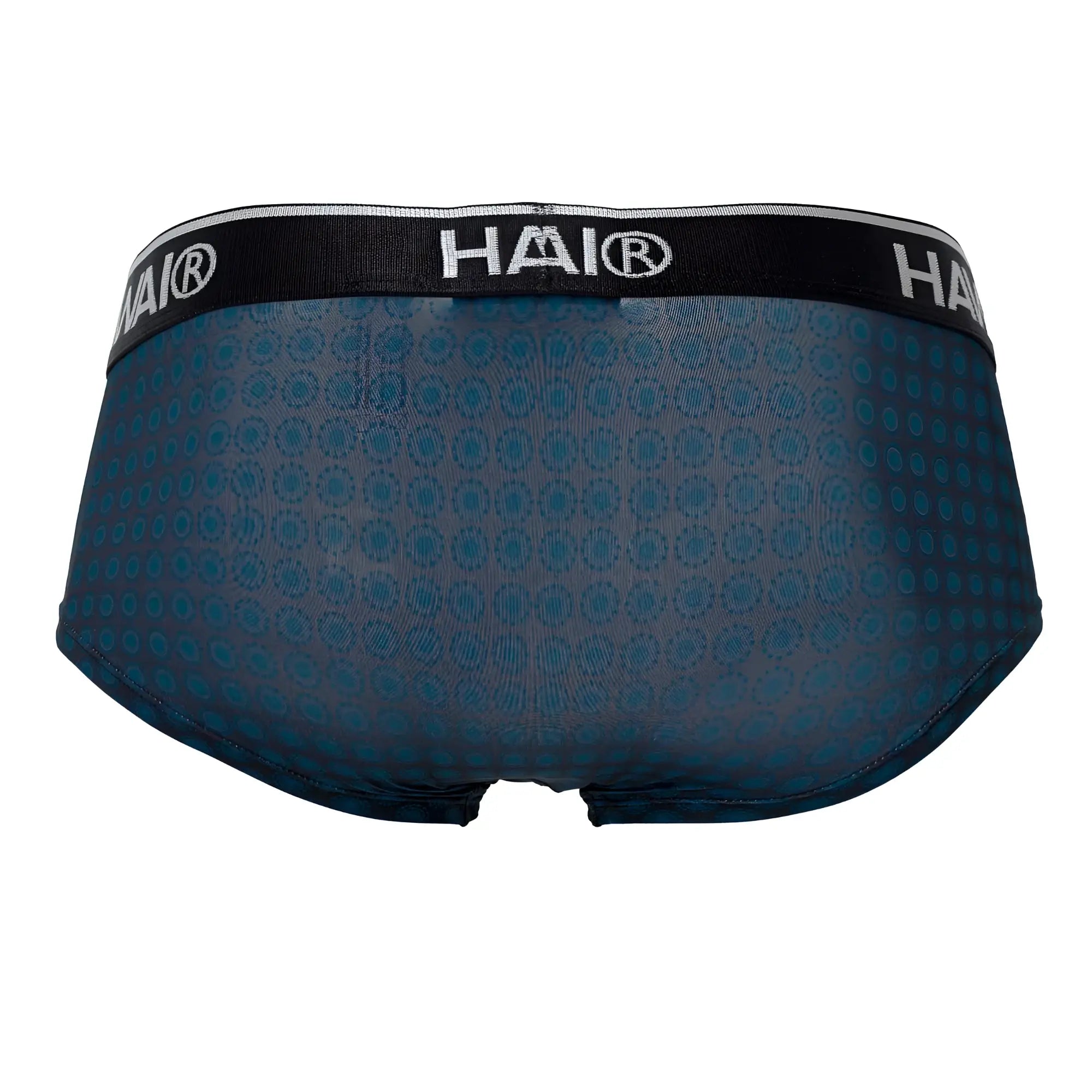 Dark blue hai hawa 42430 printed briefs with subtle teal circular pattern and black waistband with hai logo in white