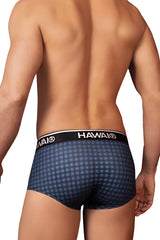 Dark blue patterned men’s briefs with a black waistband featuring the hawaii brand name in white lettering