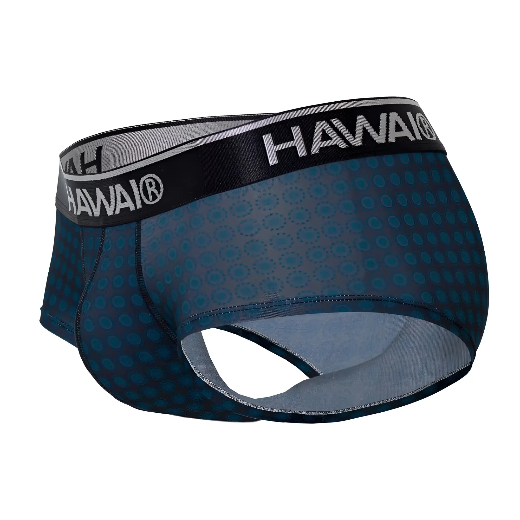 Dark blue patterned men’s briefs with a black waistband featuring the hawai logo in white lettering model 42430