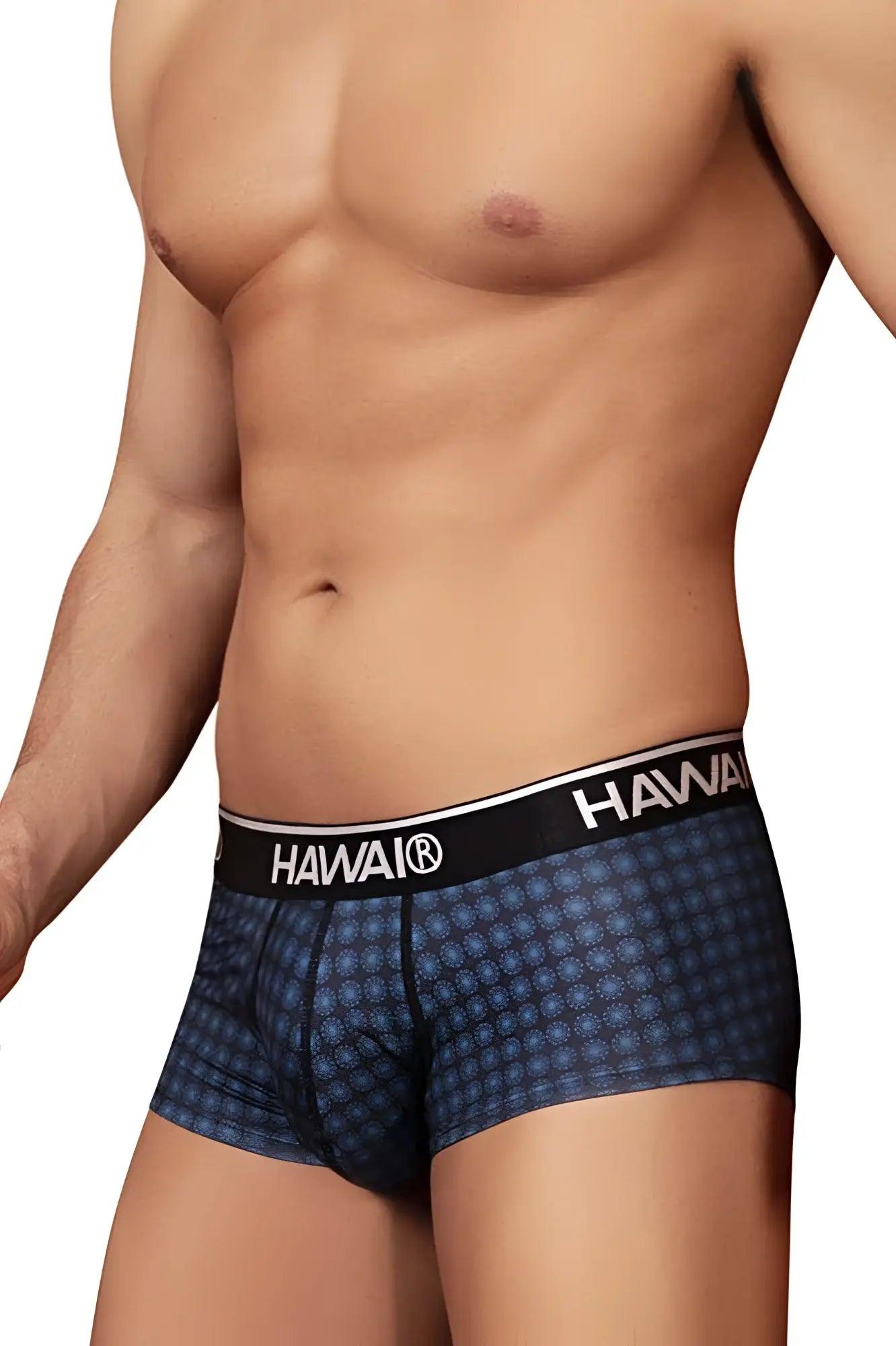Blue patterned Hawai 42430 printed boxer briefs with black waistband and white lettering for comfortable wear
