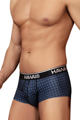 Blue patterned Hawai 42430 printed boxer briefs with black waistband and white lettering for comfortable wear