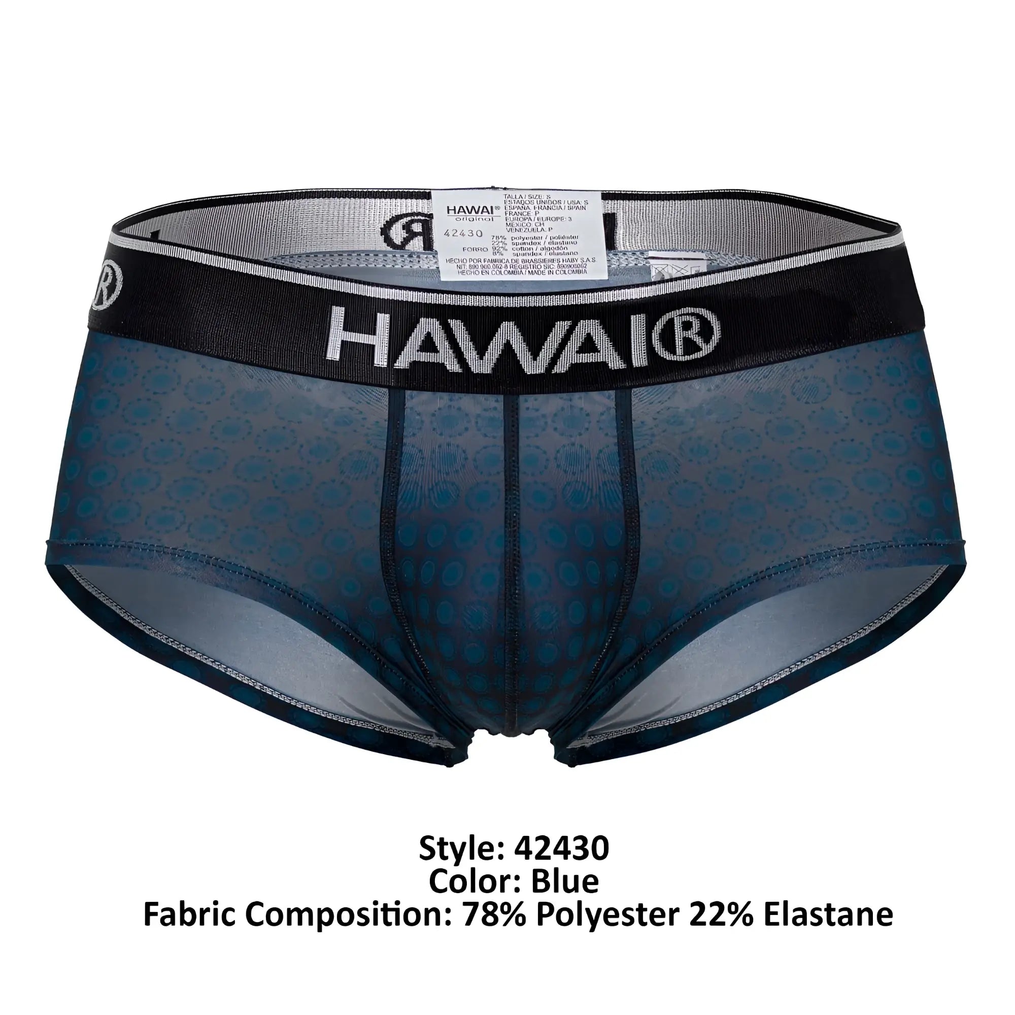 Blue hawai 42430 printed briefs for men with black waistband and subtle shell-like patterns on fabric