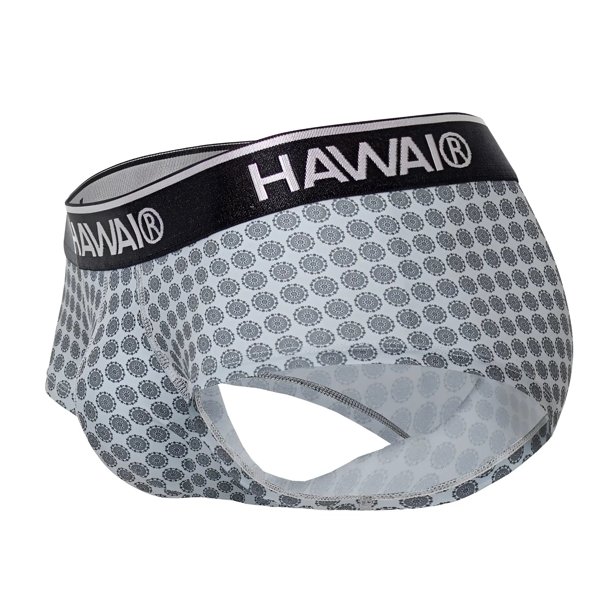 Gray patterned Hawai men’s briefs with black waistband featuring white Hawai logo for comfortable everyday wear