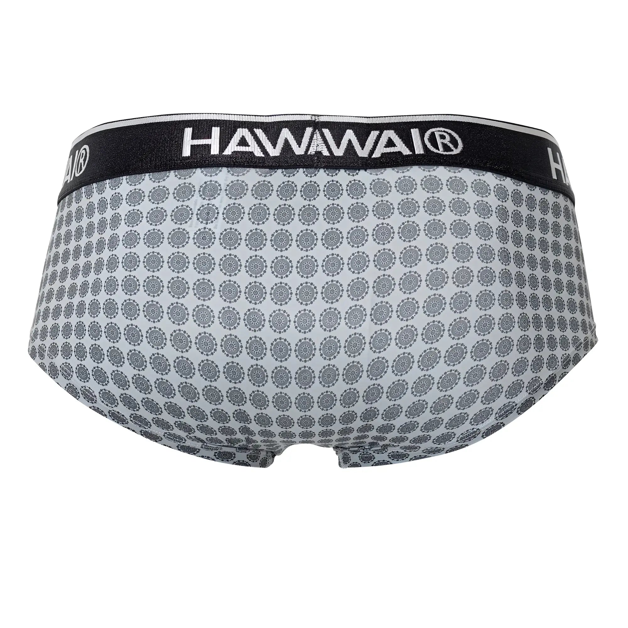 Gray patterned men’s briefs with a black waistband featuring the hawaii brand name in white lettering model 42430