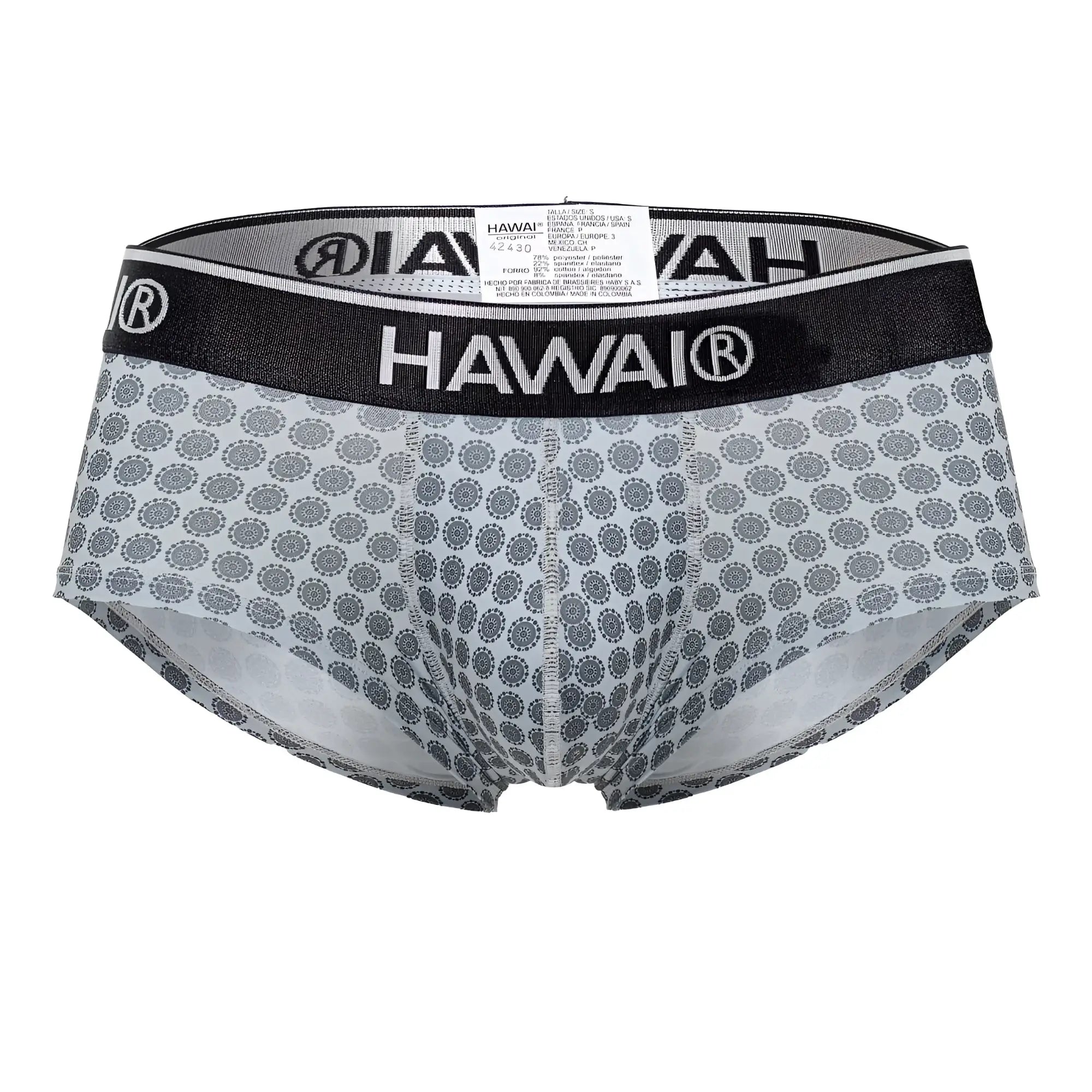 Gray patterned men’s briefs with black waistband featuring hawai brand name in white lettering model 42430