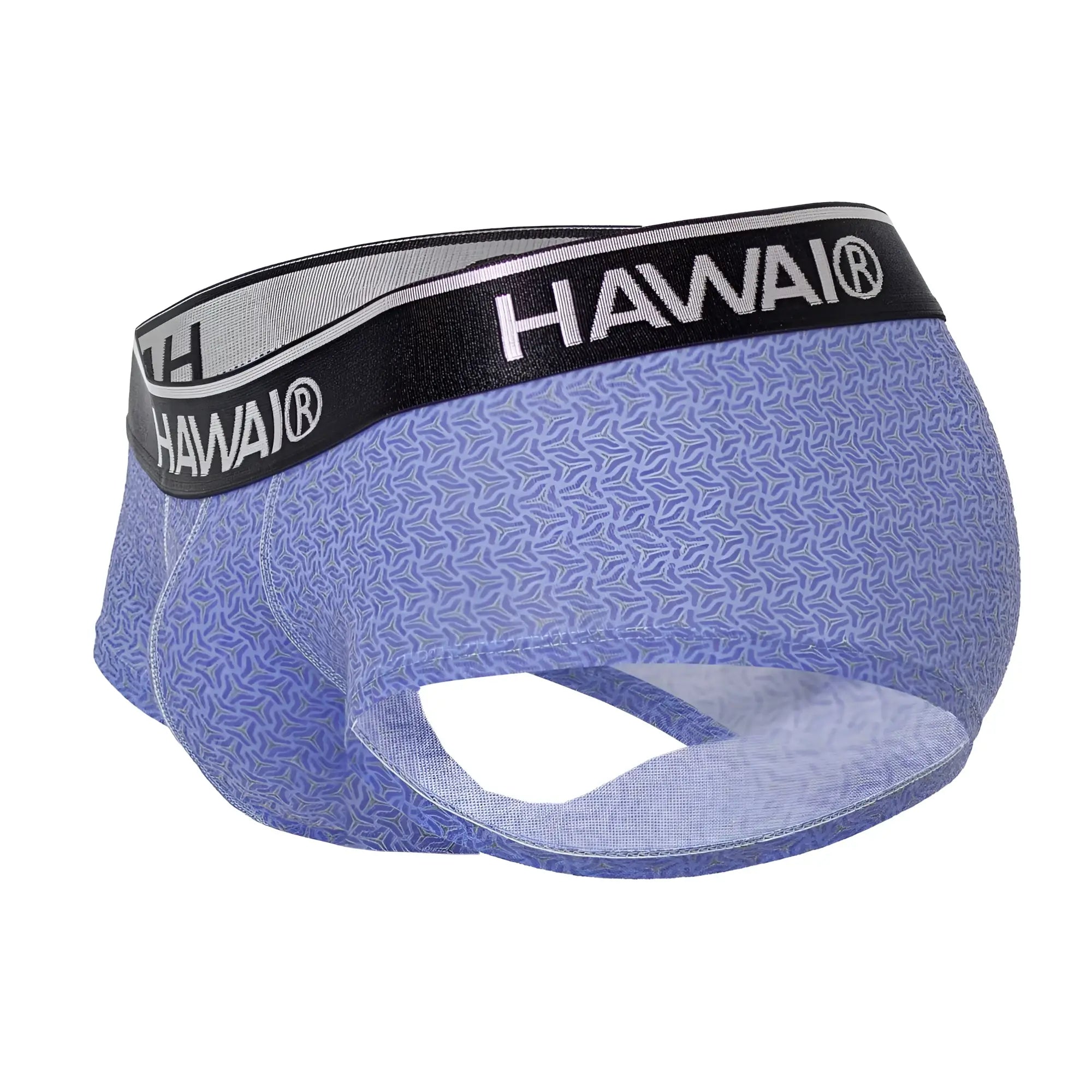 Blue patterned Hawai 42431 men’s briefs with black waistband and white lettering designed for comfortable wear