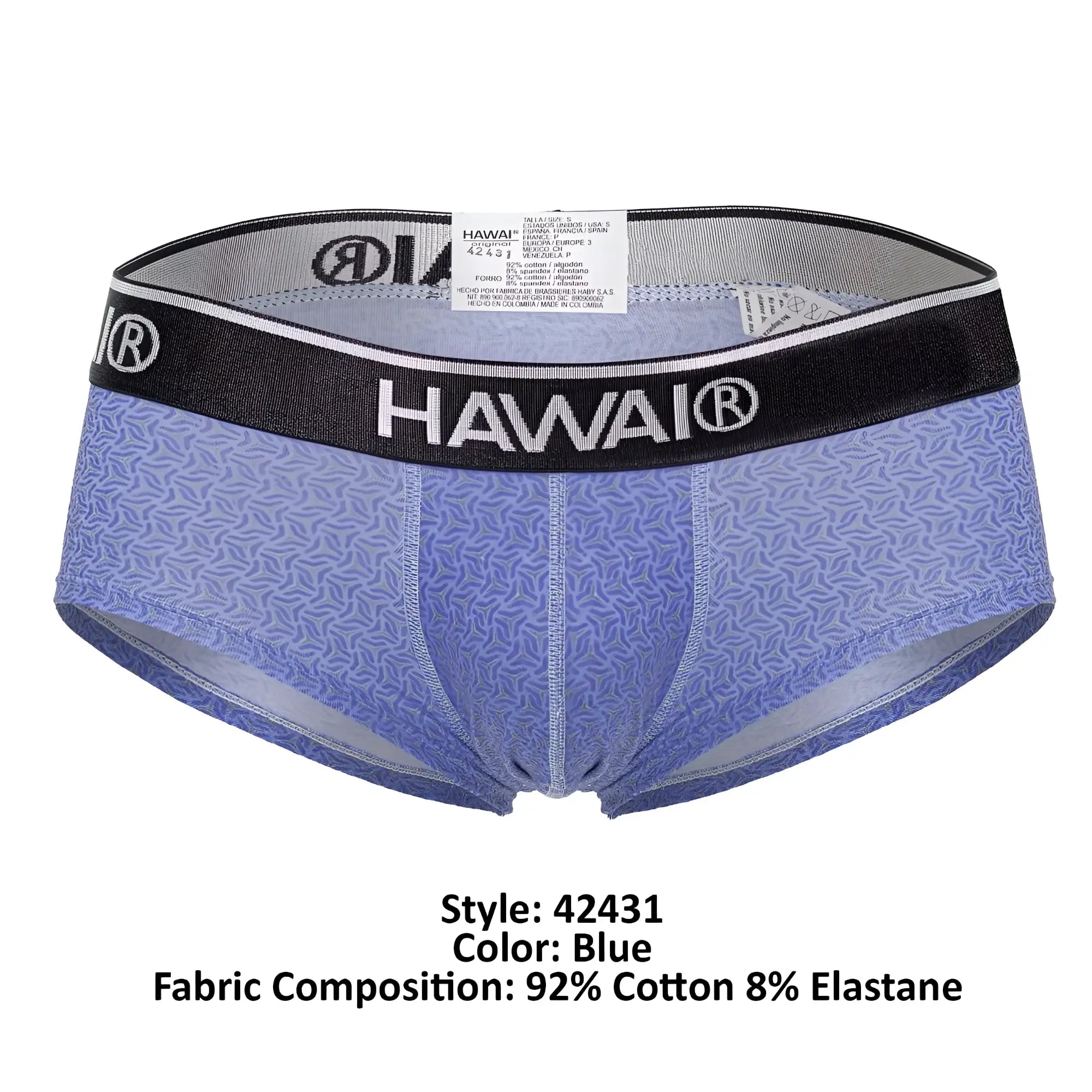 Blue patterned men’s briefs with black waistband featuring hawai brand name in white lettering model 42431