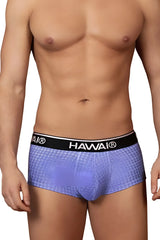 Purple patterned briefs in blue with a black waistband featuring the hawaii brand name for comfortable wear
