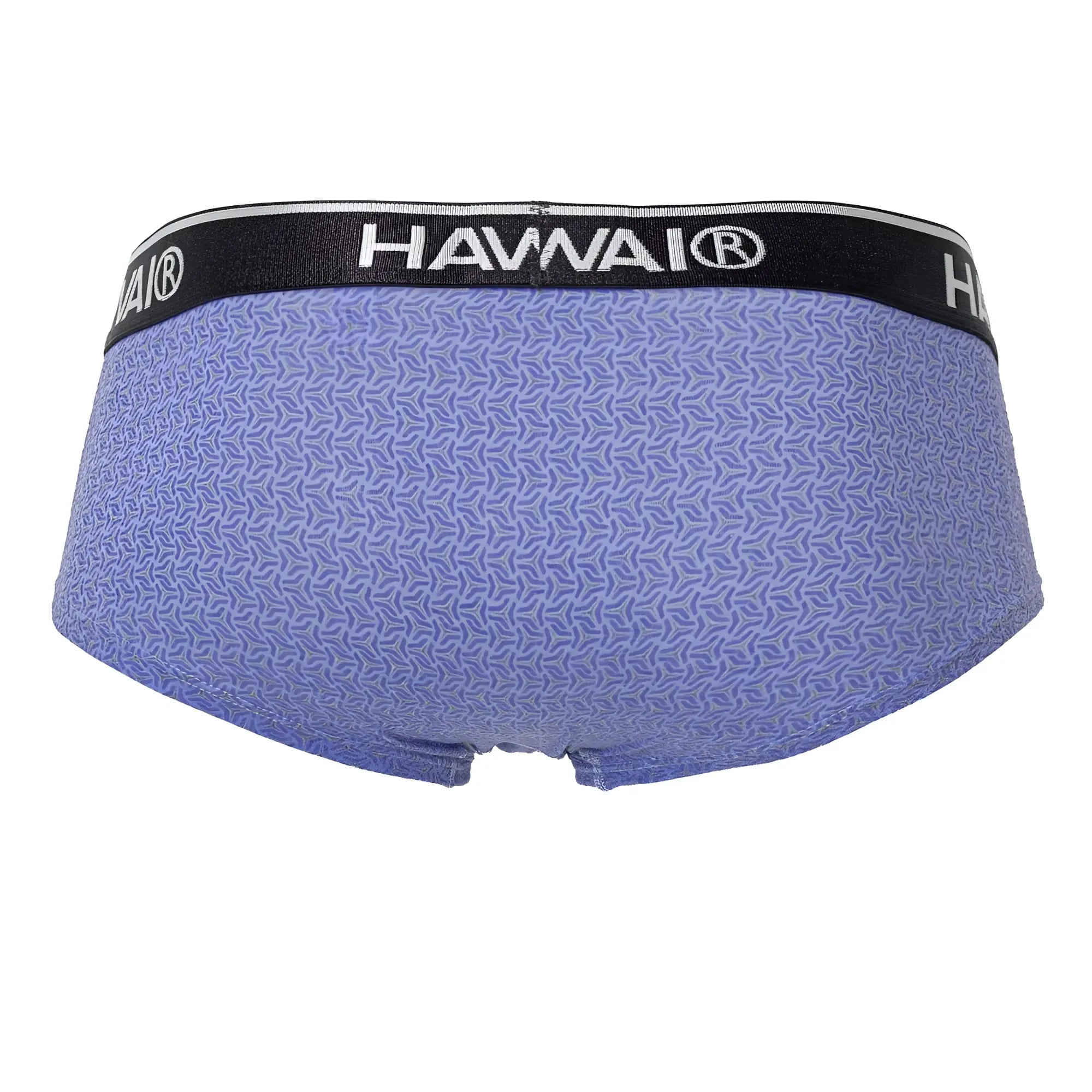 Purple patterned hawai 42431 printed briefs in blue with a black waistband featuring white lettering