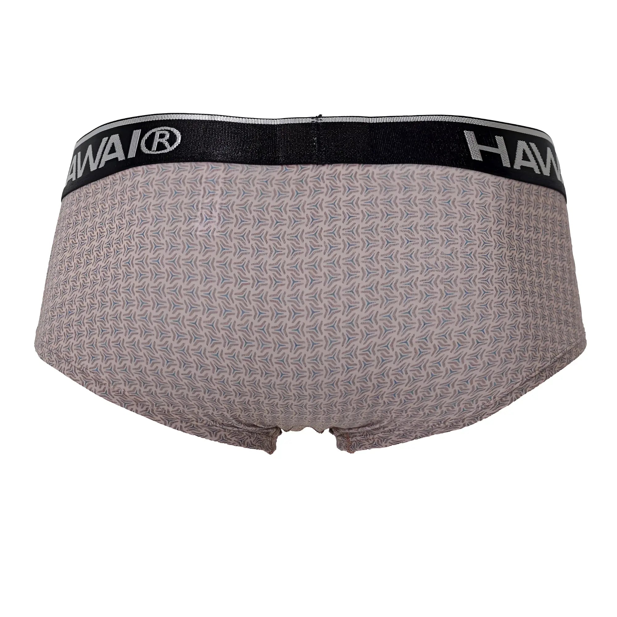 Gray patterned briefs with black waistband featuring hawai brand name in white lettering color cocoa model 42431