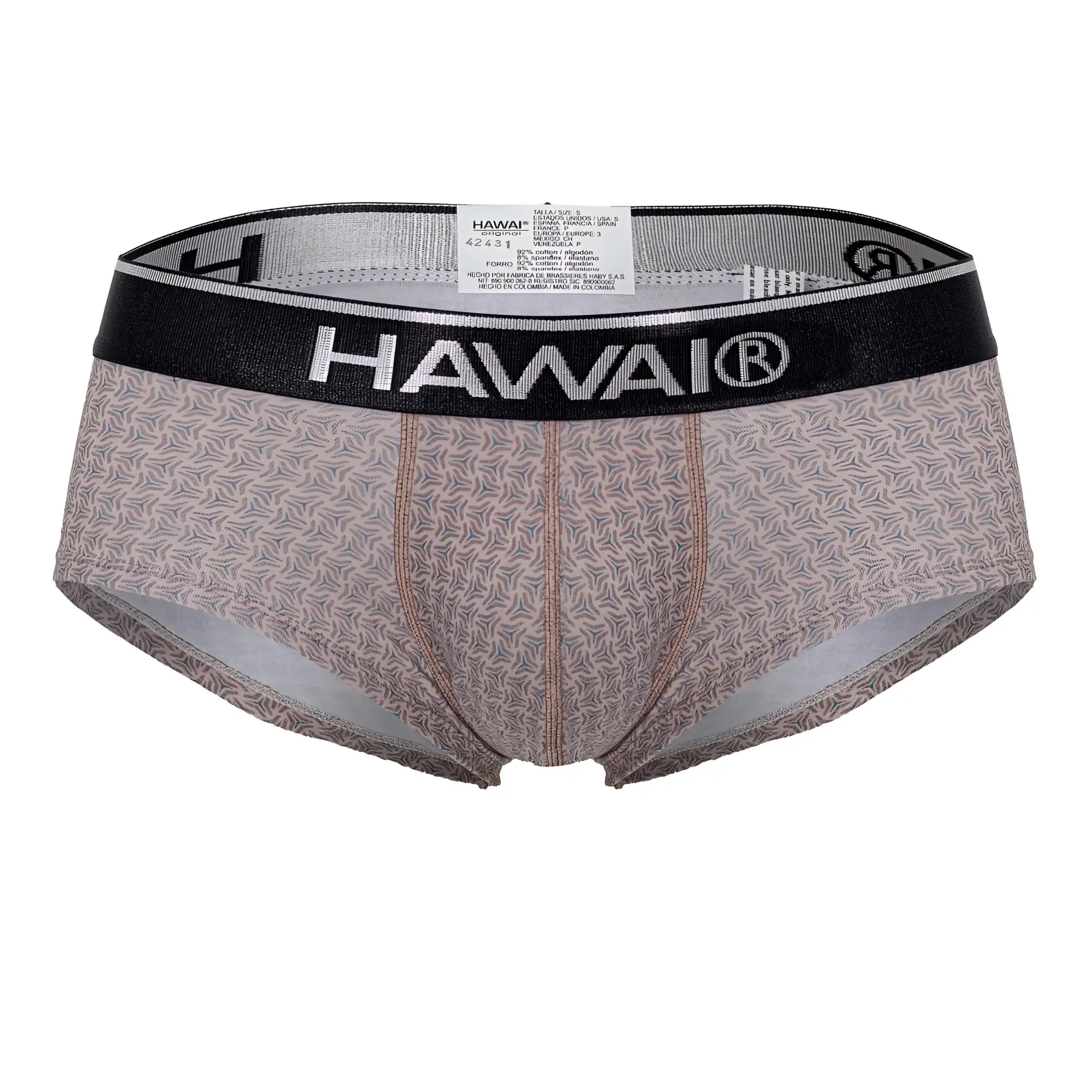 Hawaii men’s briefs in beige and gray leaf print with black elastic waistband color cocoa model HAWAI 42431