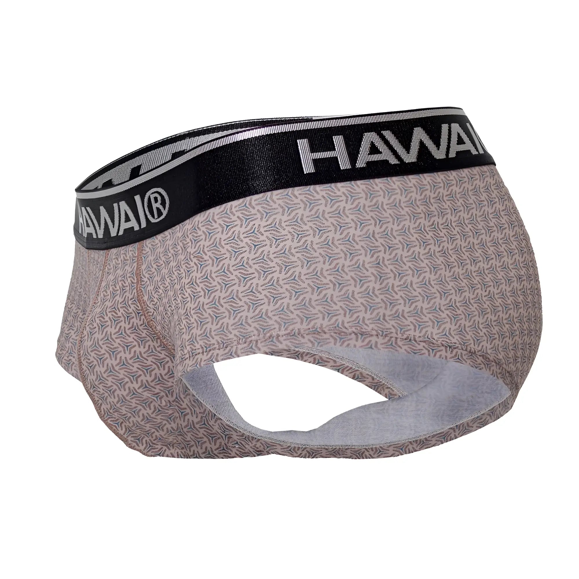 Men’s hawai 42431 printed briefs in cocoa beige fabric with subtle gray geometric pattern and black elastic waistband