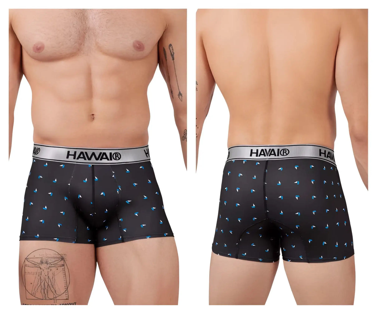 Black havai boxer briefs with a subtle blue bird pattern and silver waistband in printed microfiber trunks style