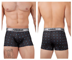 Black havai boxer briefs with a subtle blue bird pattern and silver waistband in printed microfiber trunks style
