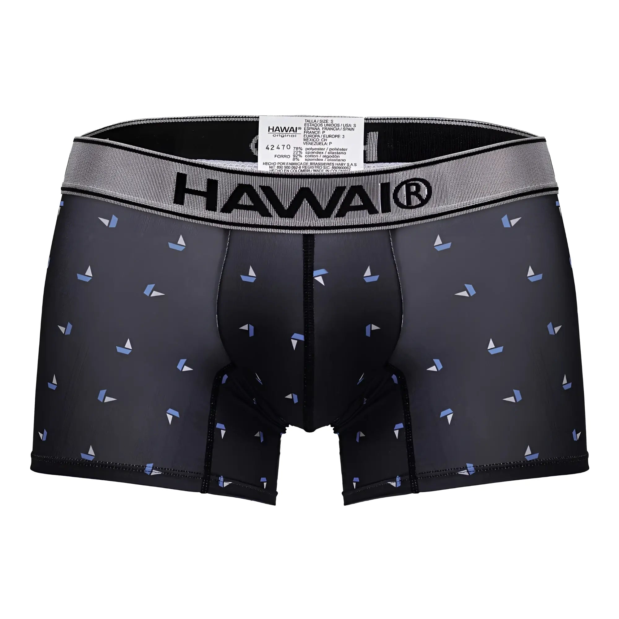 Black hawaii 42470 printed microfiber trunks with light blue and white sailboat pattern on black boxer briefs
