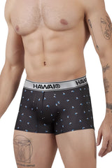 Black hawaiian boxer briefs with light blue sailboat pattern and silver hawaii waistband made of microfiber
