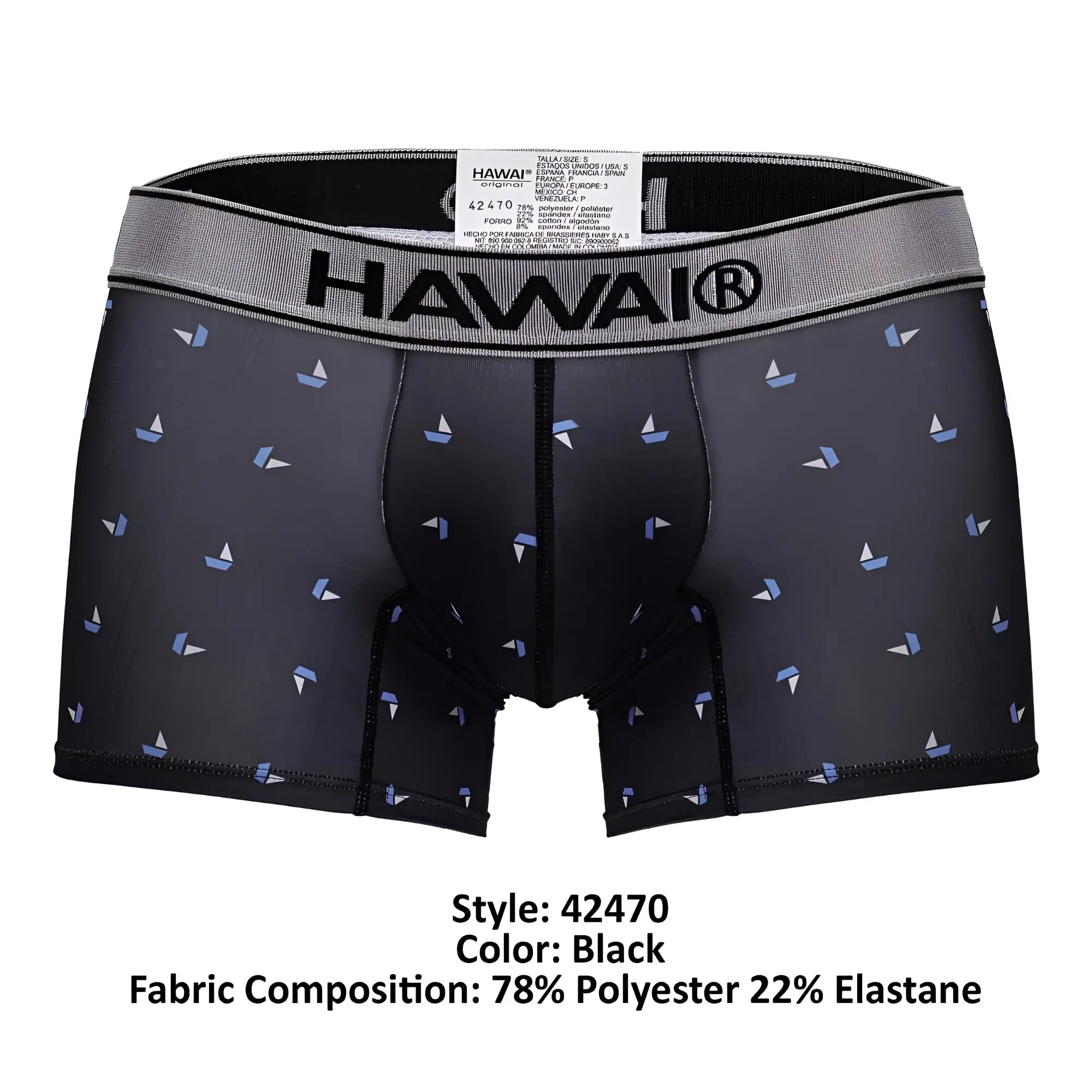 Black Hawaiian-themed printed microfiber trunks featuring a subtle light blue sailboat pattern in black color