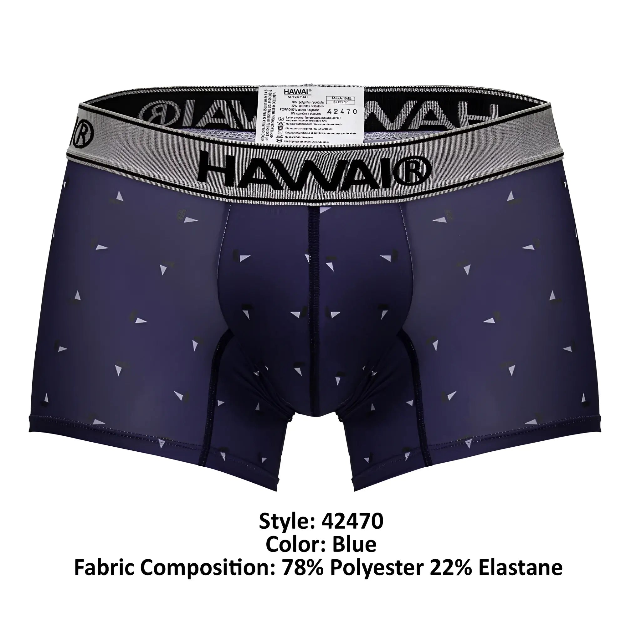 Navy blue hawai 42470 printed microfiber trunks with small white triangles and gray waistband for comfortable wear