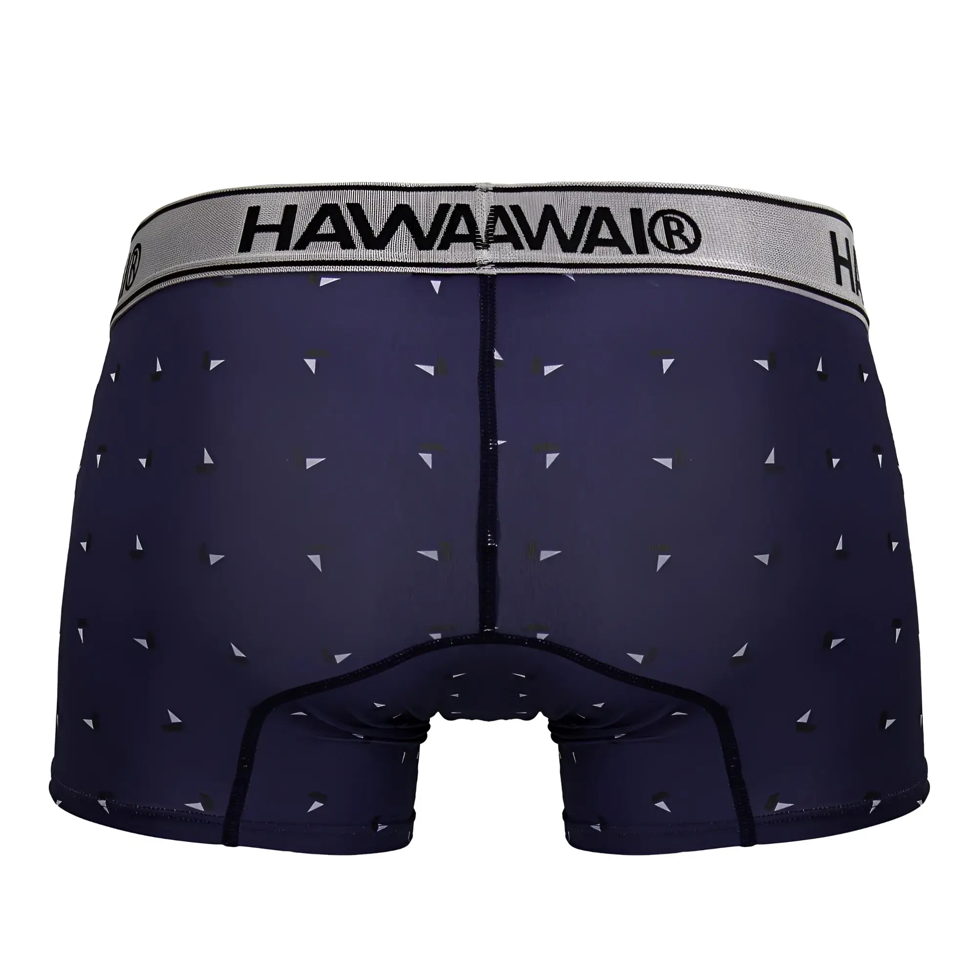 Navy blue hawaiawai 42470 printed microfiber trunks with white and black triangle pattern and gray branded waistband