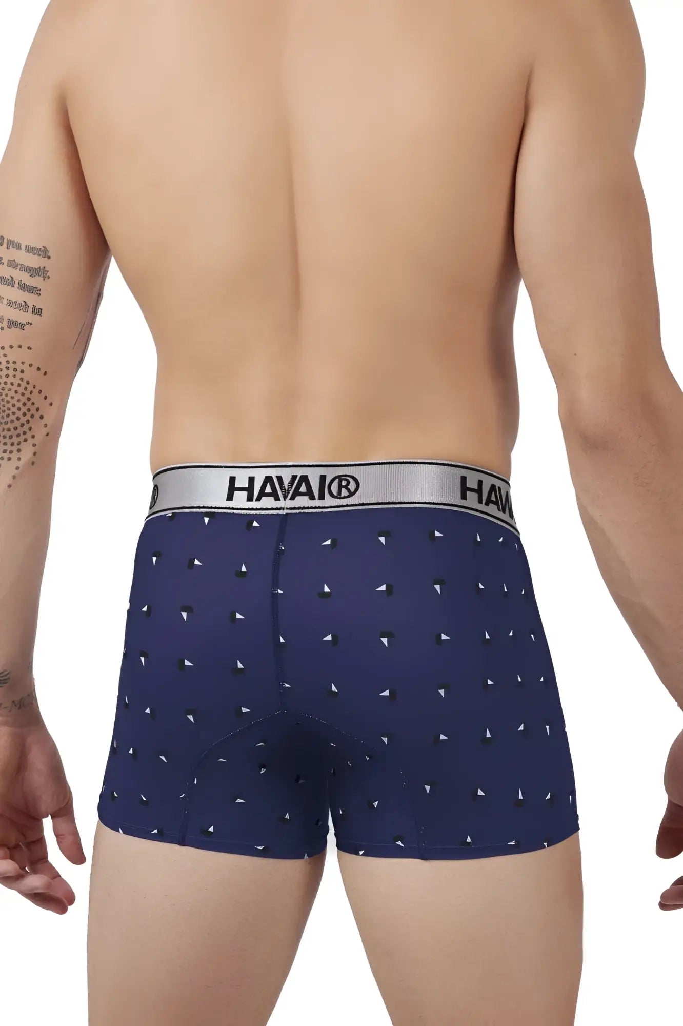 Navy blue HAWAI 42470 printed microfiber trunks with subtle white triangle pattern and silver waistband with Havaio brand name