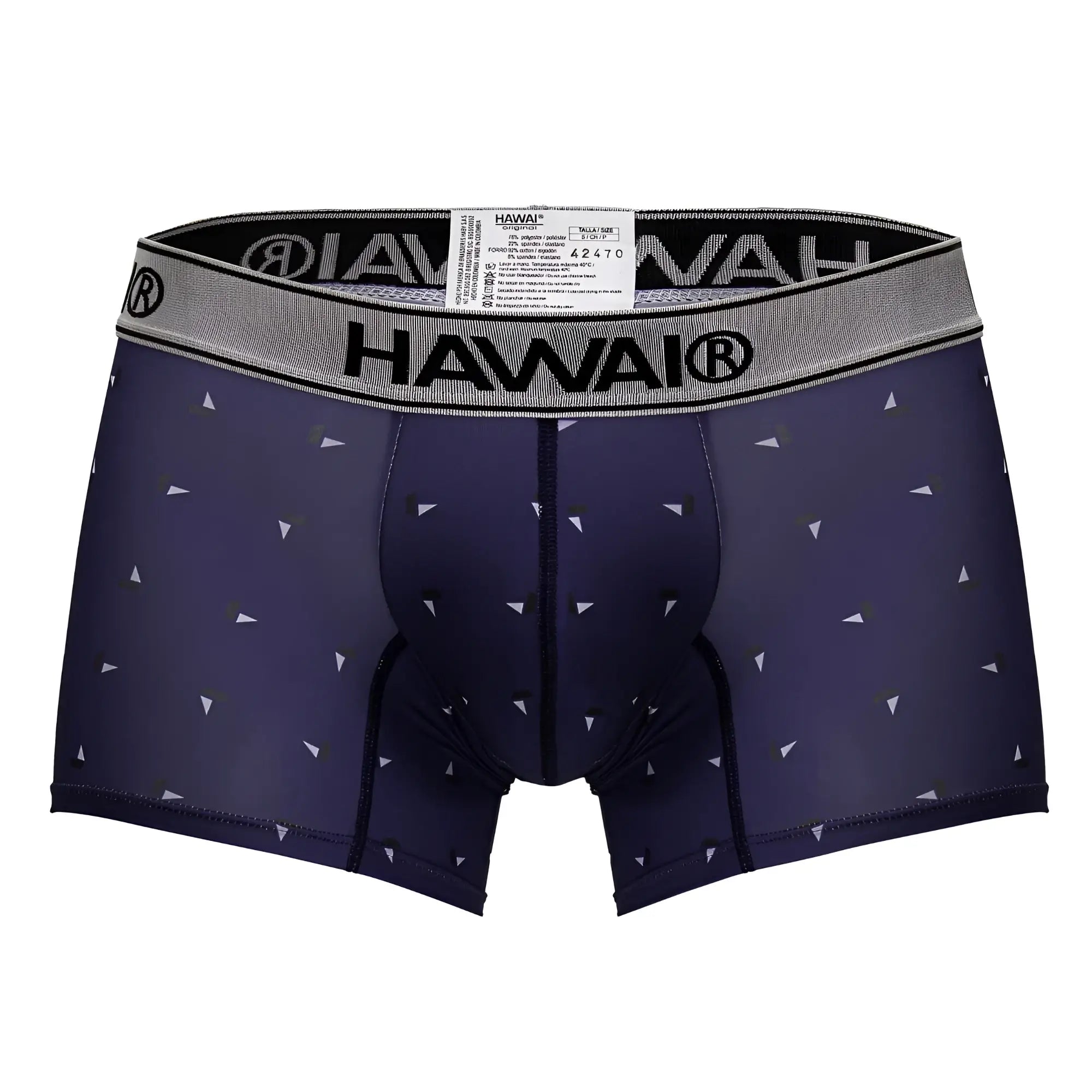 Navy blue Hawai 42470 printed microfiber boxer briefs with a subtle white and gray triangle pattern