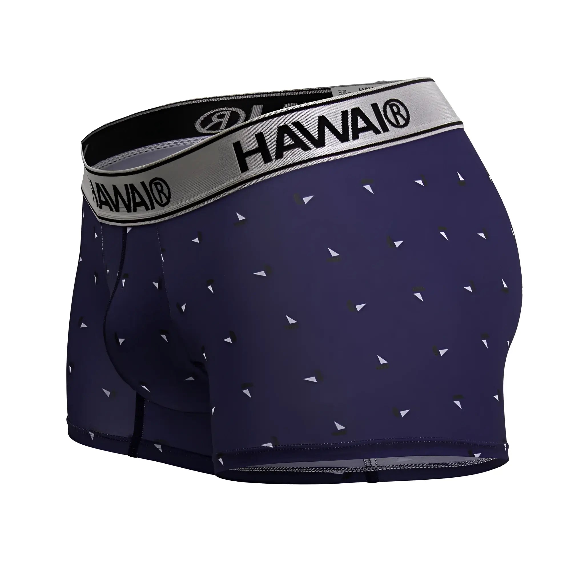 Navy blue hawaiian men’s microfiber boxer briefs with white triangle pattern and gray waistband with hawaii logo