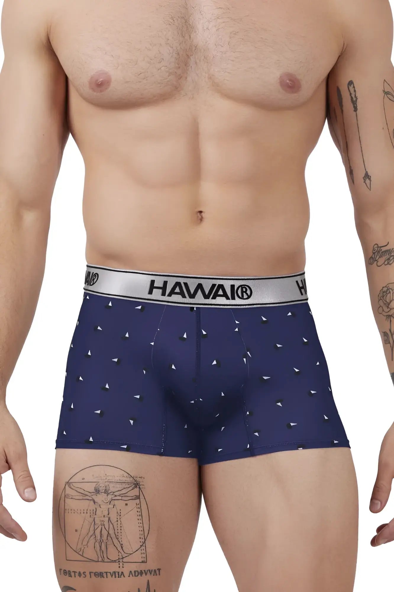 Navy blue men’s microfiber boxer briefs with white triangle pattern and silver waistband branded hawai 42470 printed trunks
