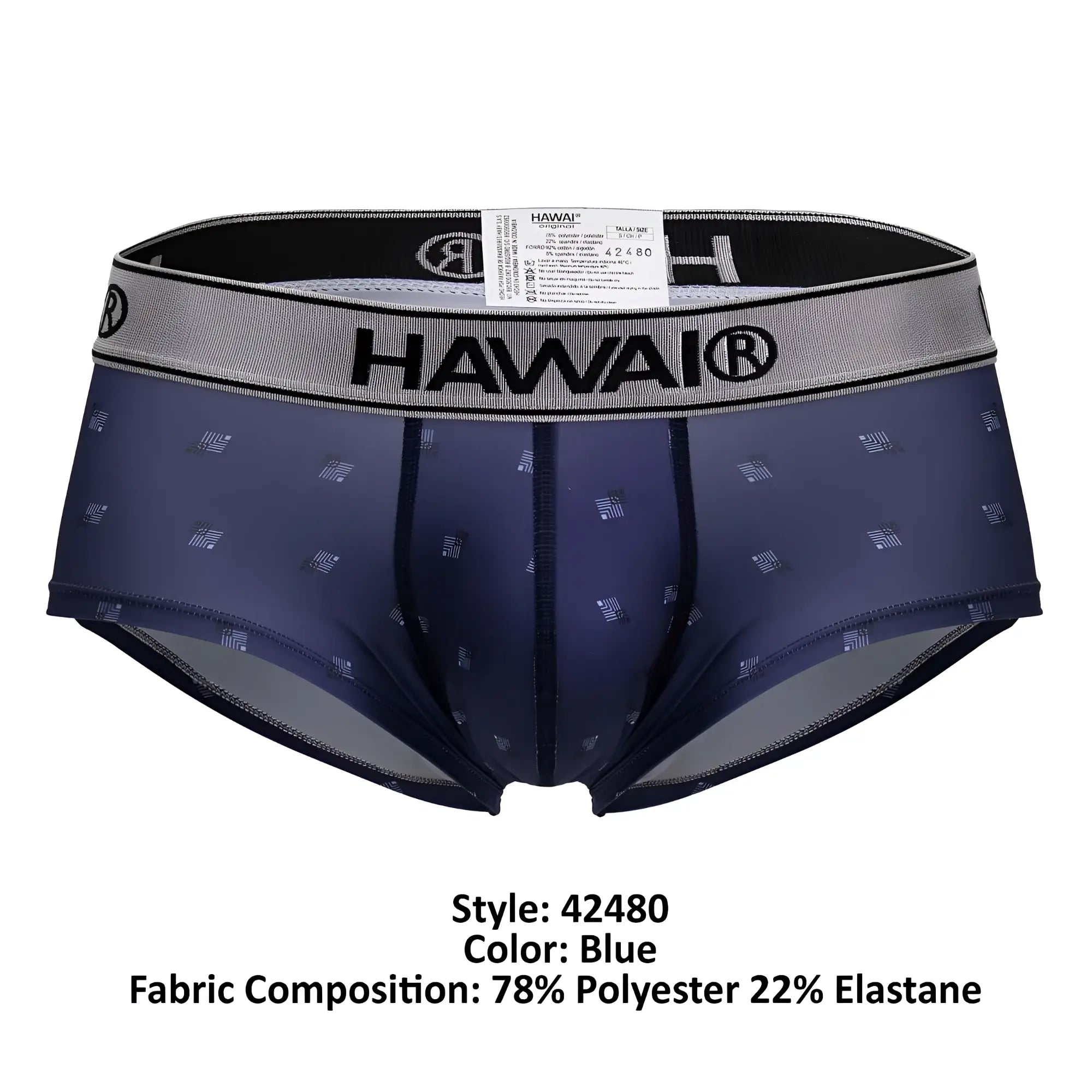 Blue hawai 42480 printed microfiber briefs for men with a subtle geometric pattern and gray elastic waistband