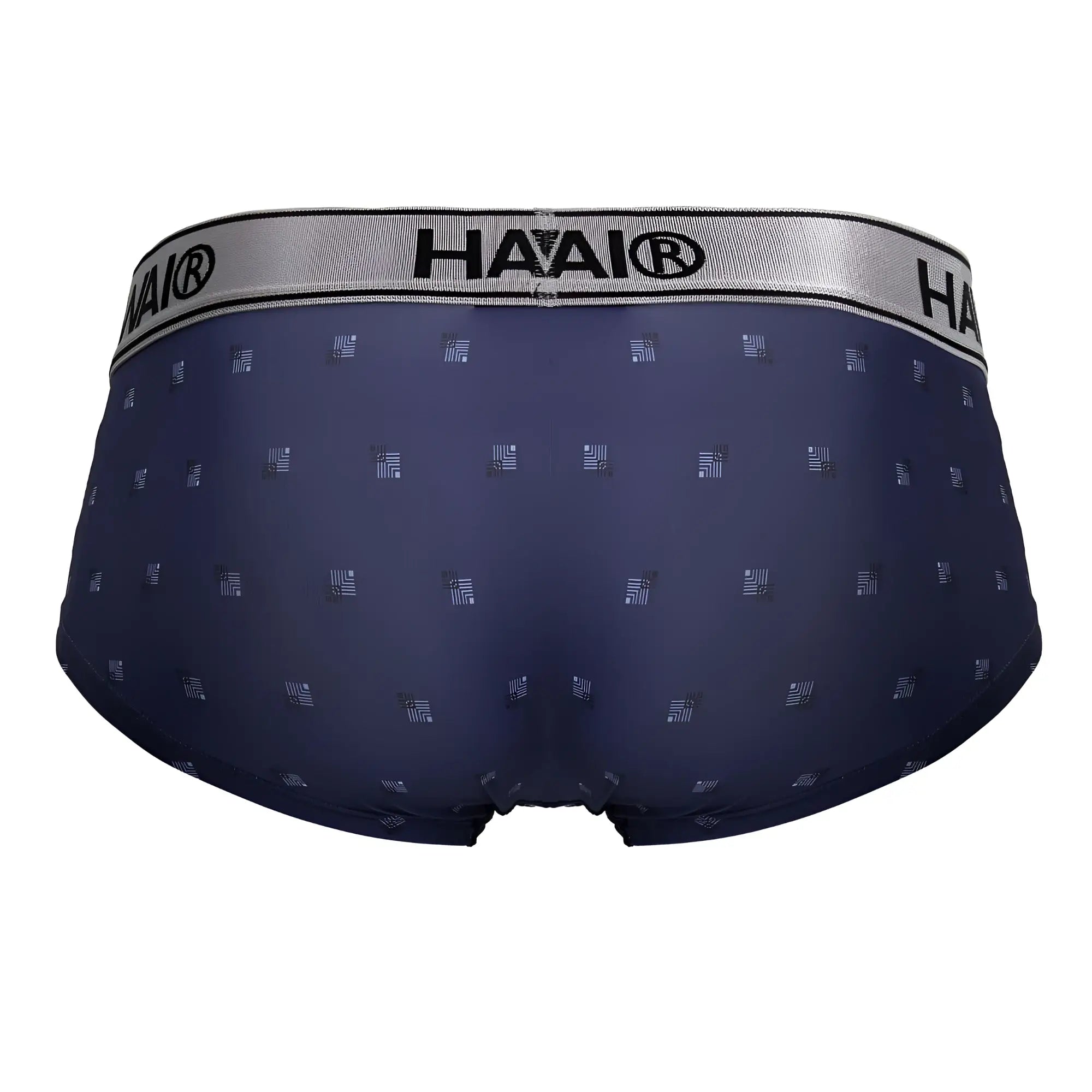 Navy blue haai men’s printed microfiber briefs with a subtle geometric pattern and silver waistband HAWAI 42480