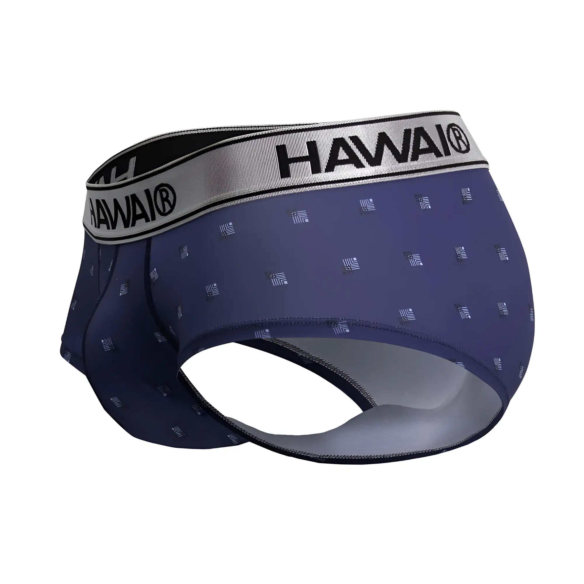 Navy blue Hawai 42480 printed microfiber briefs with subtle geometric pattern and silver contrasting waistband