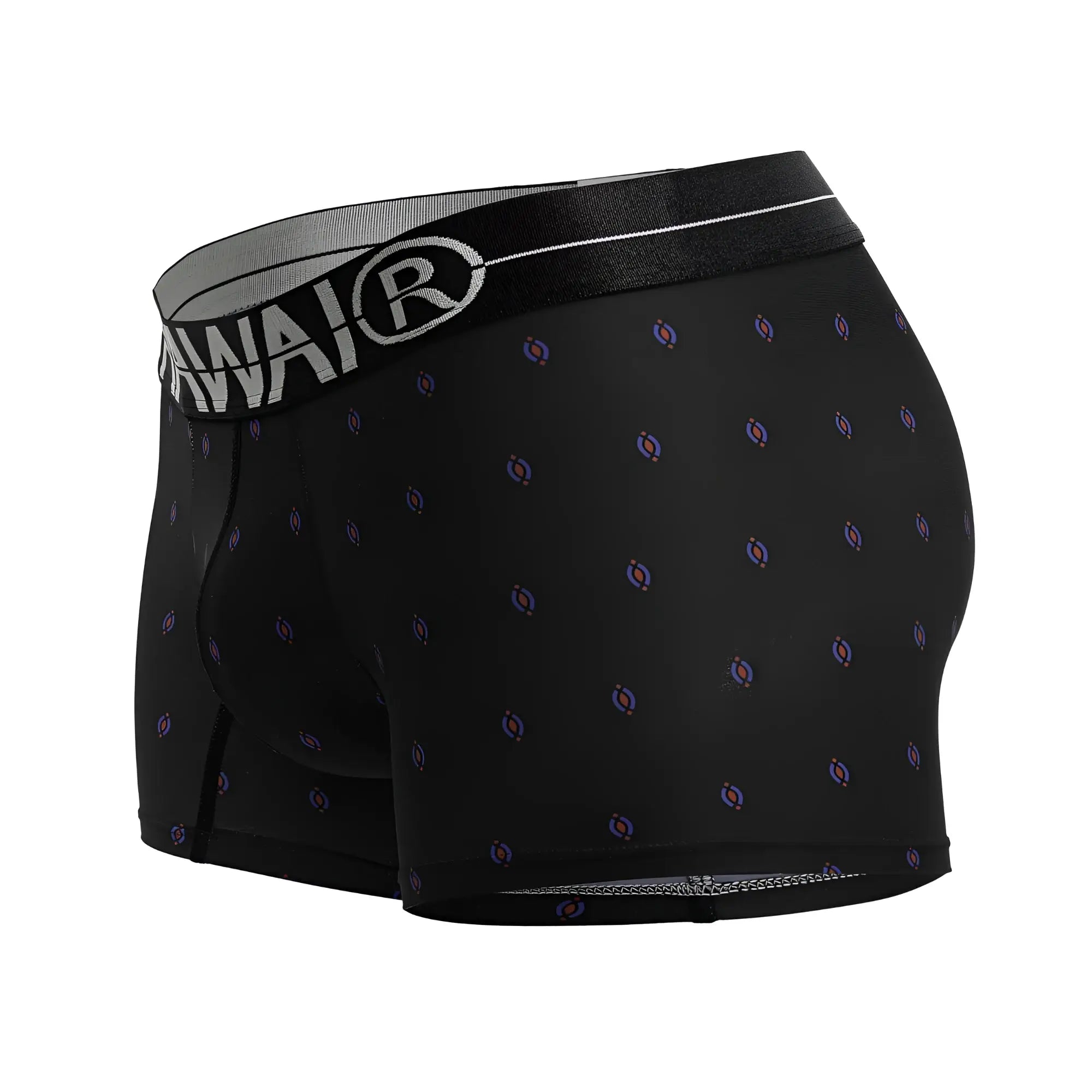 Black hawai 42520 printed microfiber trunks with subtle purple and blue circular motifs and gray wai waistband