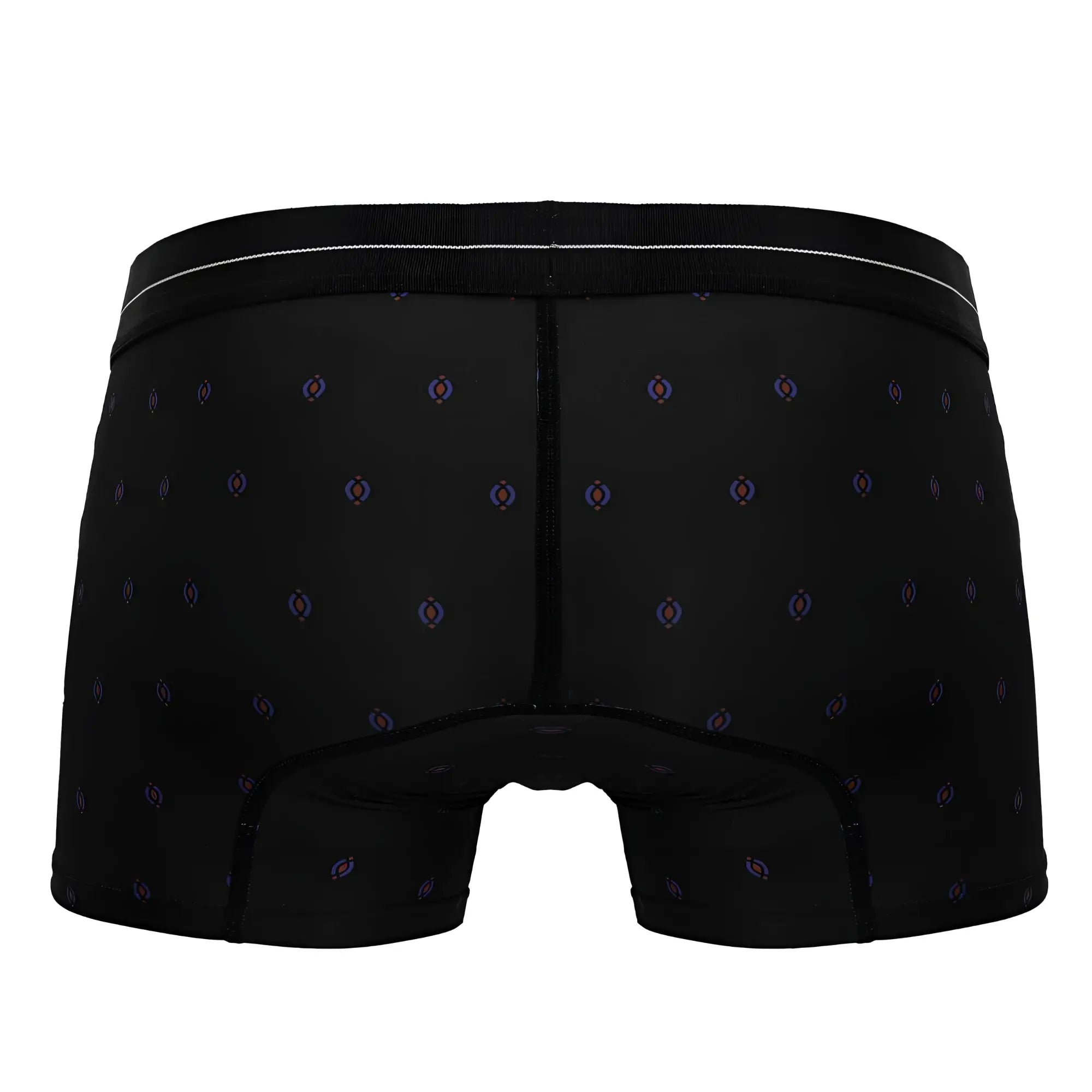 Black HAWAI 42520 printed microfiber trunks with purple and blue geometric pattern and white waistband trim