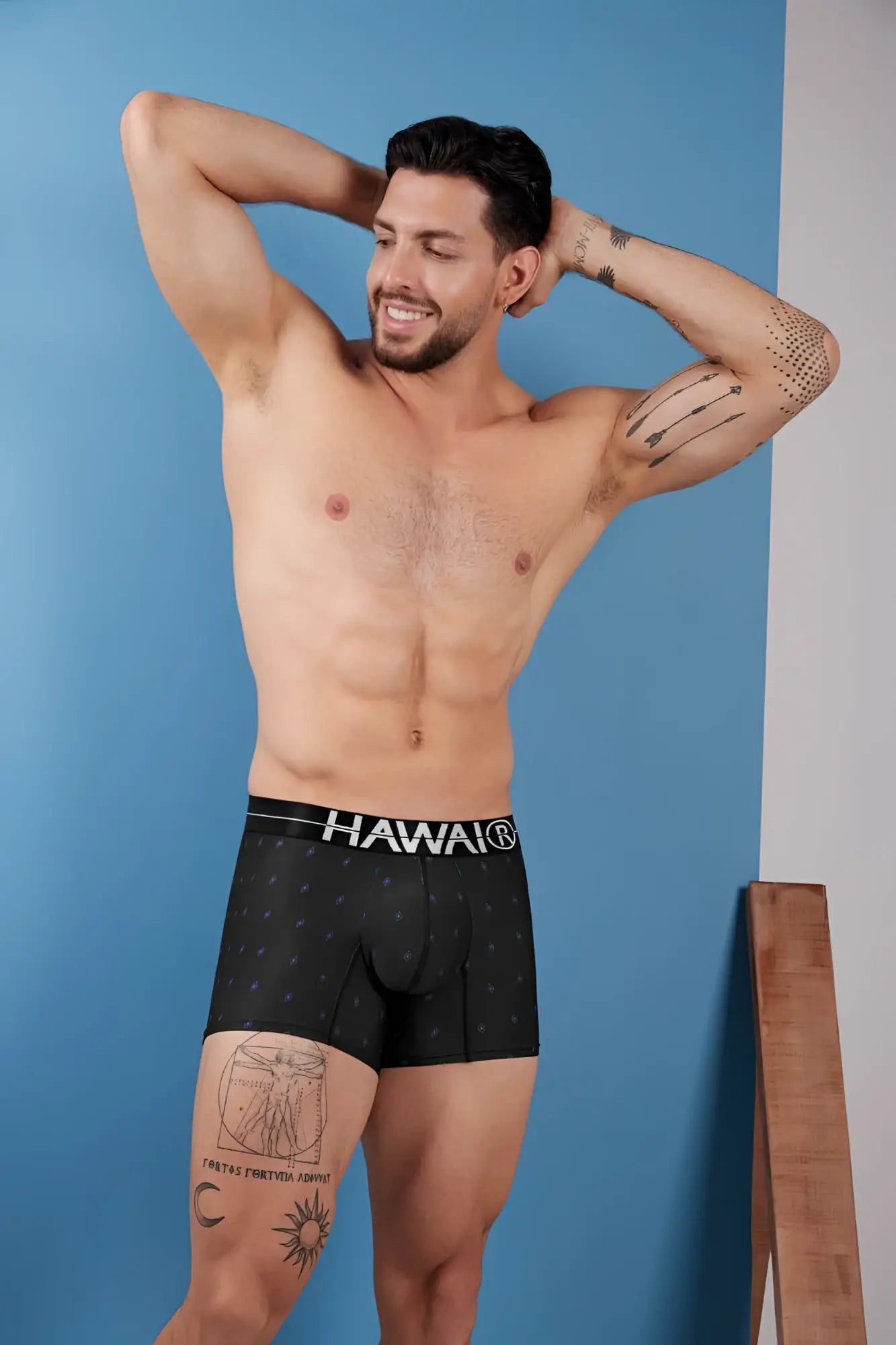 Black hawaiian microfiber boxer briefs with subtle dot pattern and white hawaii logo on waistband