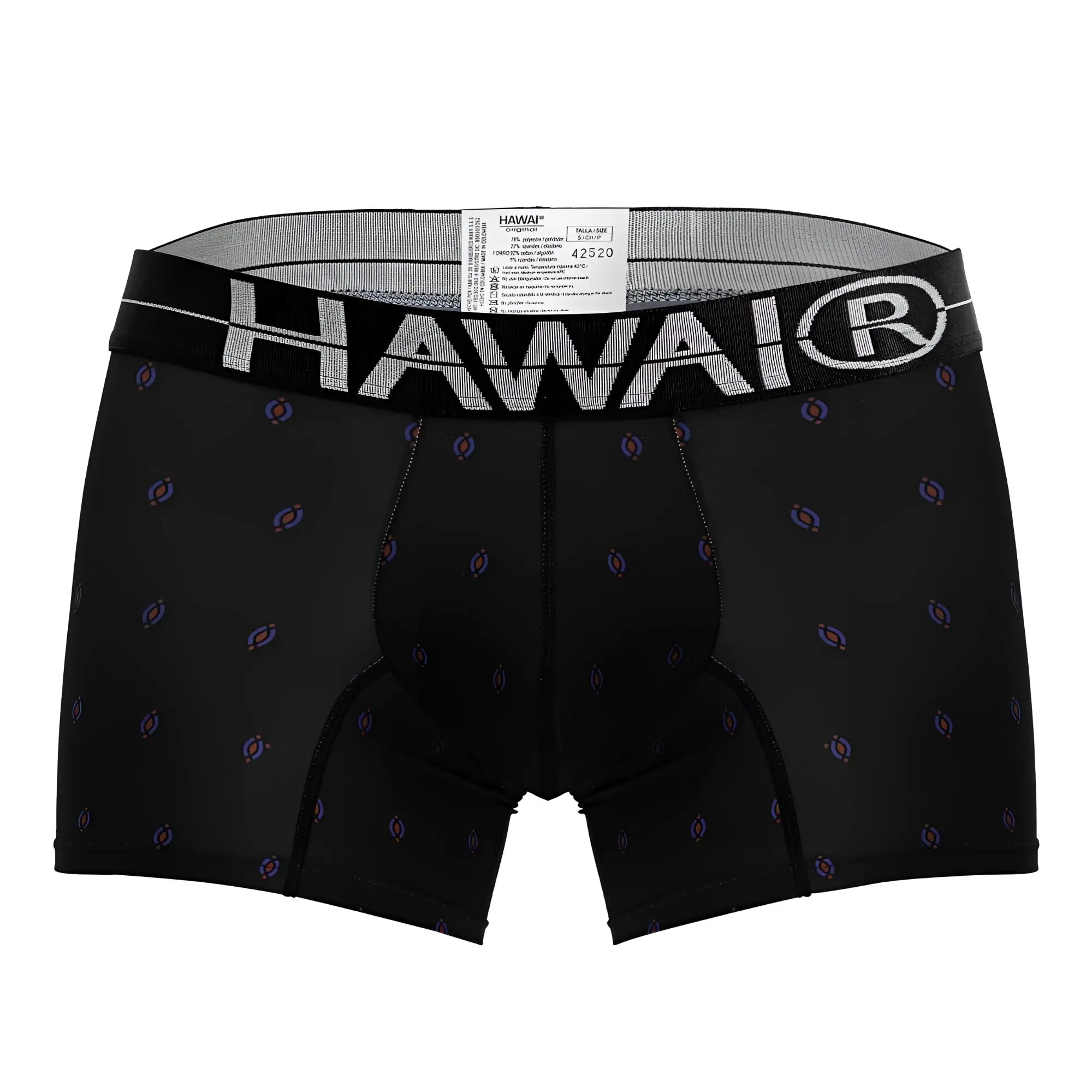 Black hawaiian boxer briefs with purple and blue microfiber pattern and bold white hawaii logo on the waistband